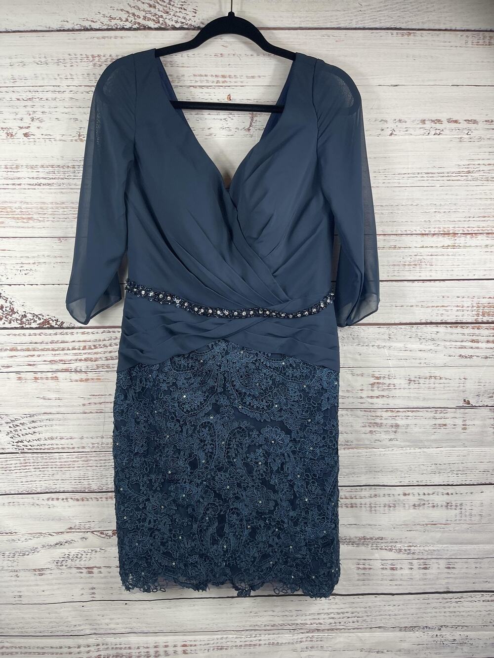 JJ's House Dress Women's 12 Blue Lace Beaded Ruched Sheath Knee Length Formal